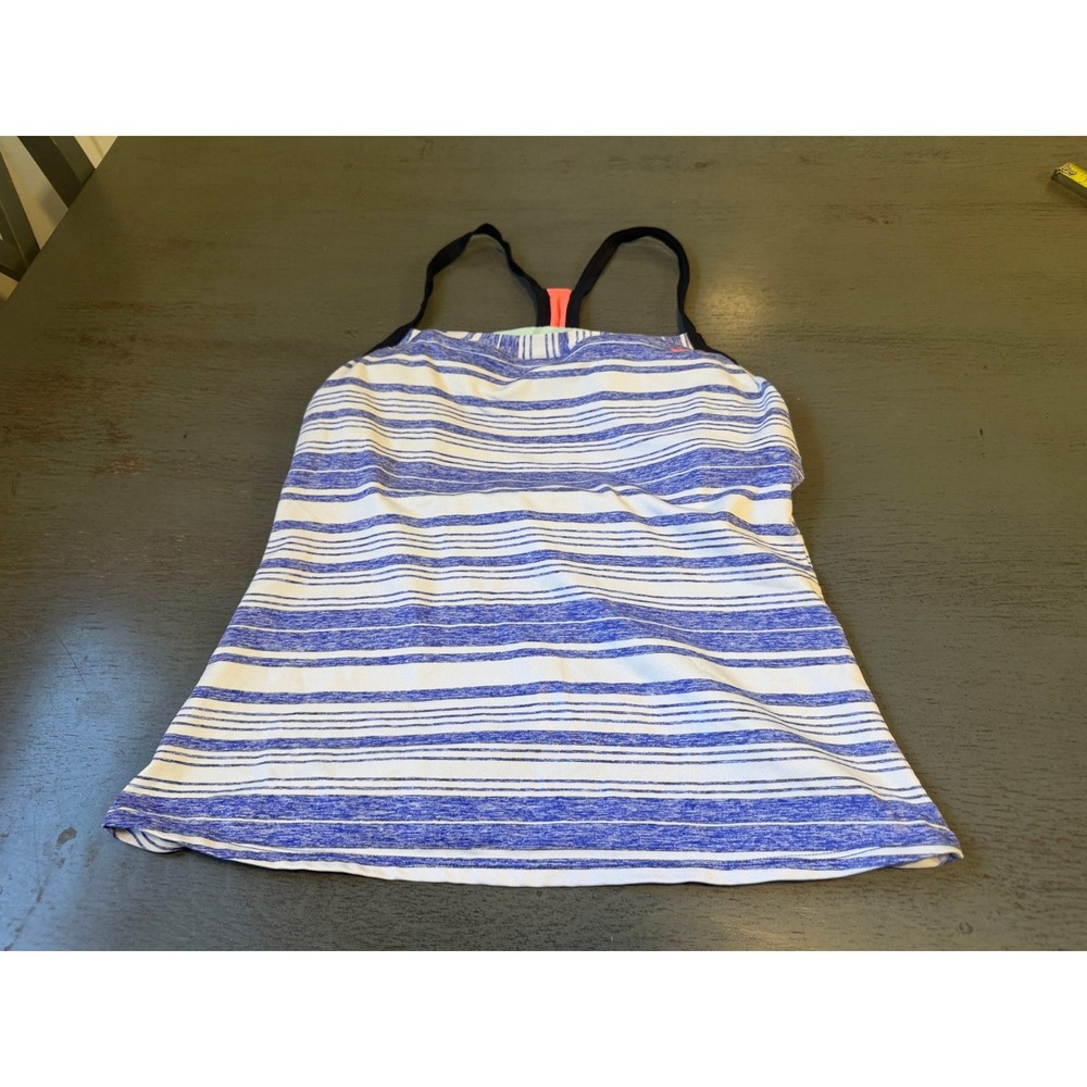 Nike Womens Blue White Striped Racerback Tankini Swim Top Size 10 Shelf Bra